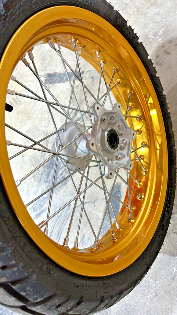 05-24 DRZ400SM SuperMoto Gold Excel FRONT wheel rim straight w Tire 981 MILES